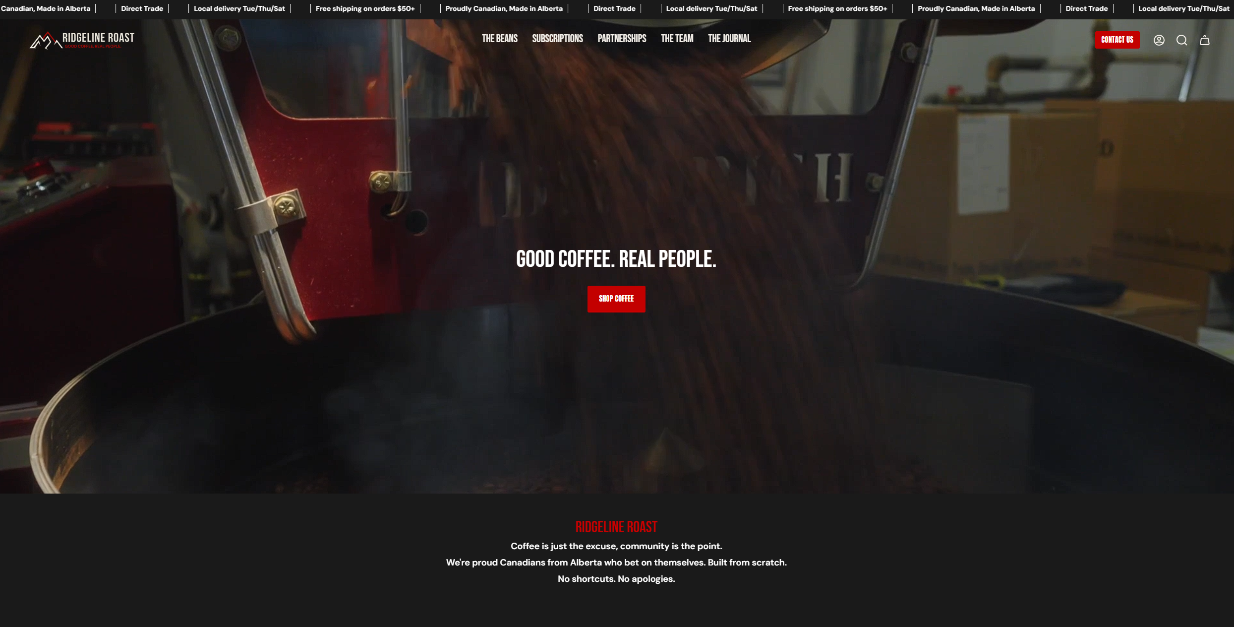 Ridgeline Roast coffee brand landing page designed by Zion Commerce Alberta